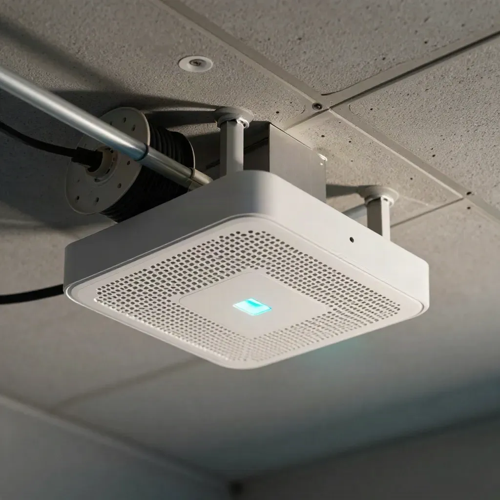 Ceiling Wi-Fi access points glowing softly above a ladder and cable reel in an office grid
