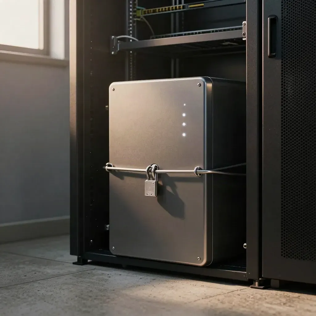 Firewall appliance on a server-room wall with locked rack door and patch leads.