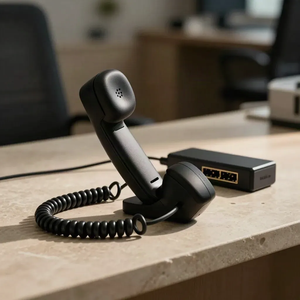 VoIP handset with cradle, PoE switch and cables on a pale stone counter.