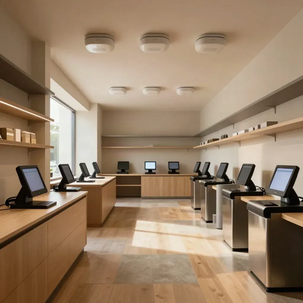 Retail floor with six ceiling access points and glowing checkout terminals, empty and tidy.