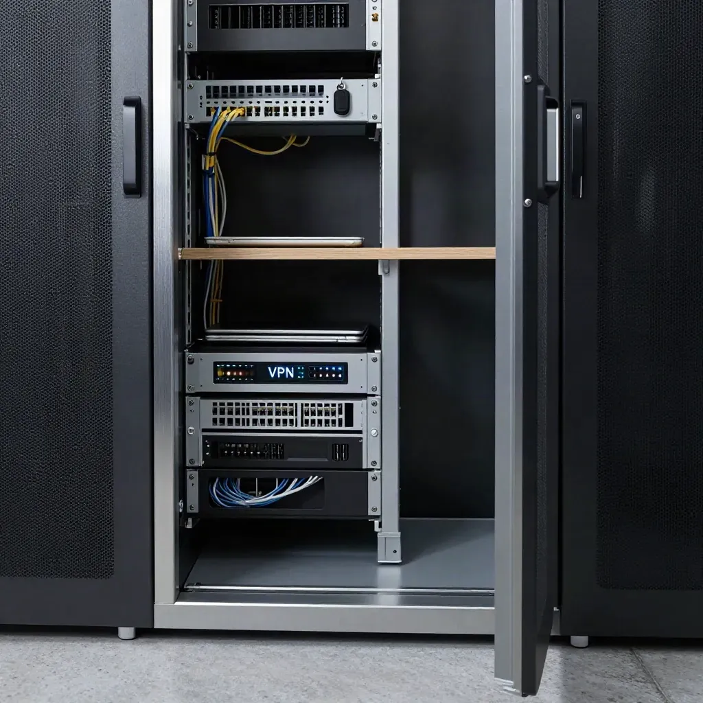 Locked server alcove with VPN gateway, closed laptops, and soft corridor light.