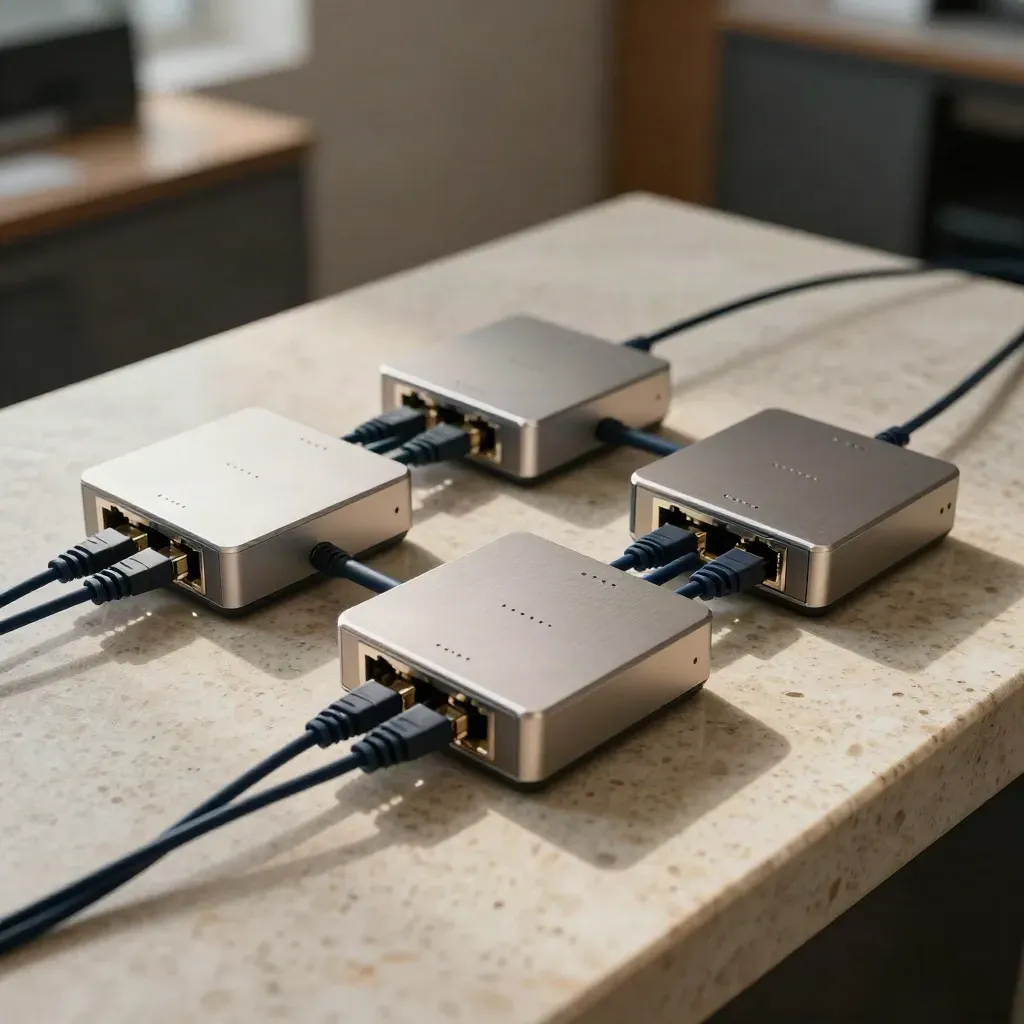 Three network switches linked by cables on travertine in warm daylight