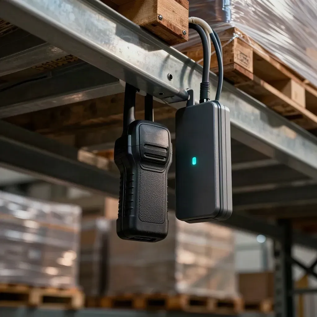 Rugged handset, access point and cable tray above blurred warehouse crates, lit in warm haze.