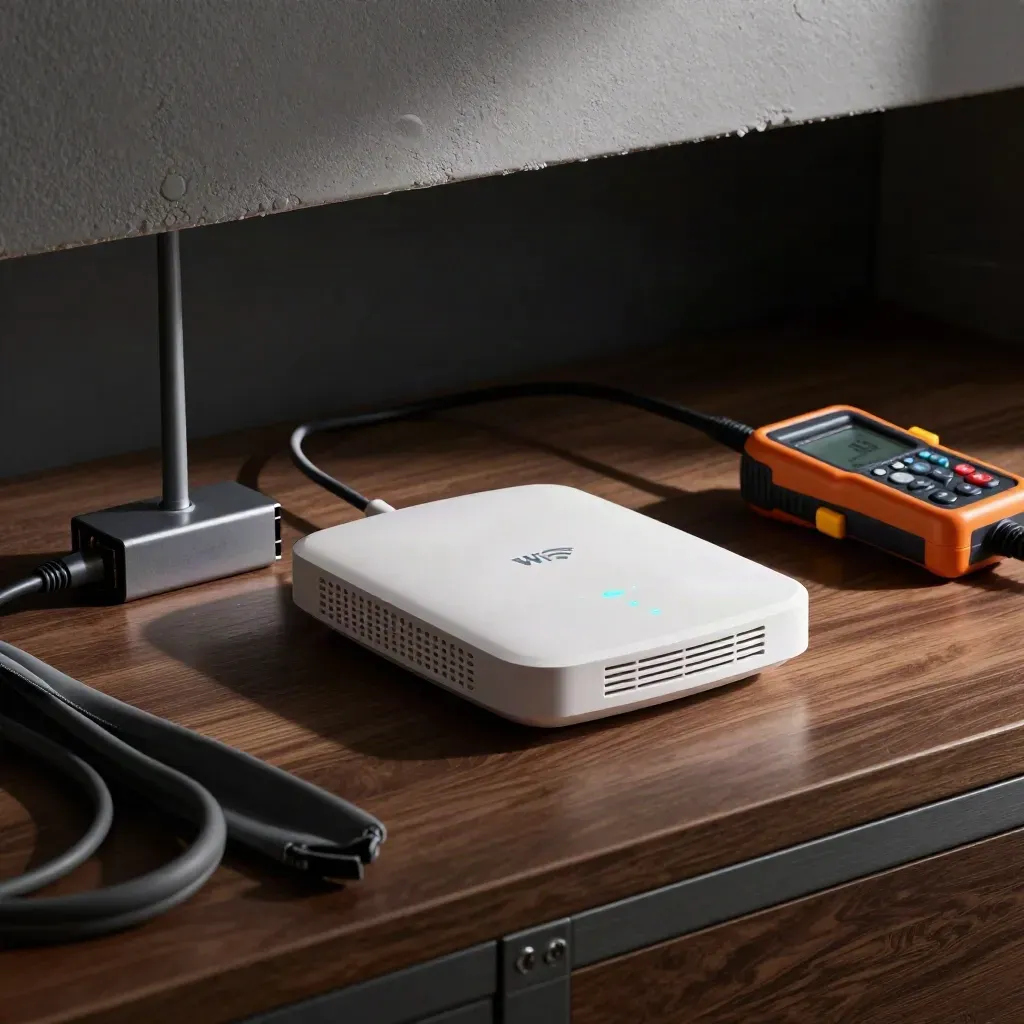 Wi-Fi engineer kit with access point, PoE injector, antenna and signal meter beside a ceiling tile.