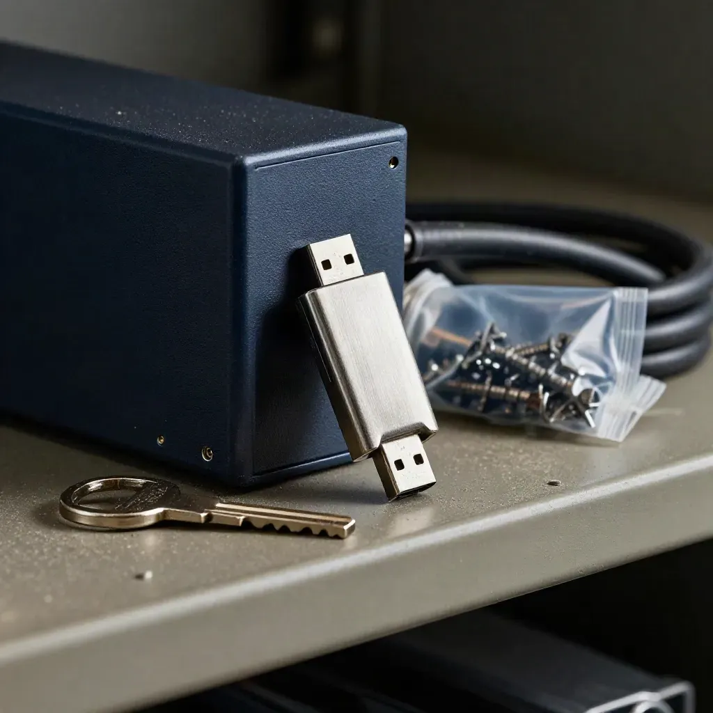 Macro of firewall hardware, USB security key, cable lock, and rack screws on a server shelf.