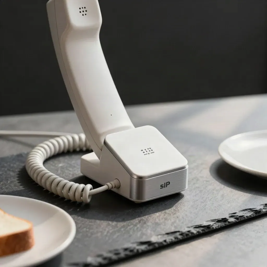 VoIP handset base, SIP adaptor and coiled cord on slate with soft workshop light.
