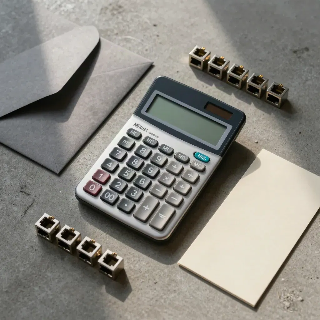 Overhead flatlay of calculator, RJ45 ends, envelope, and card on concrete
