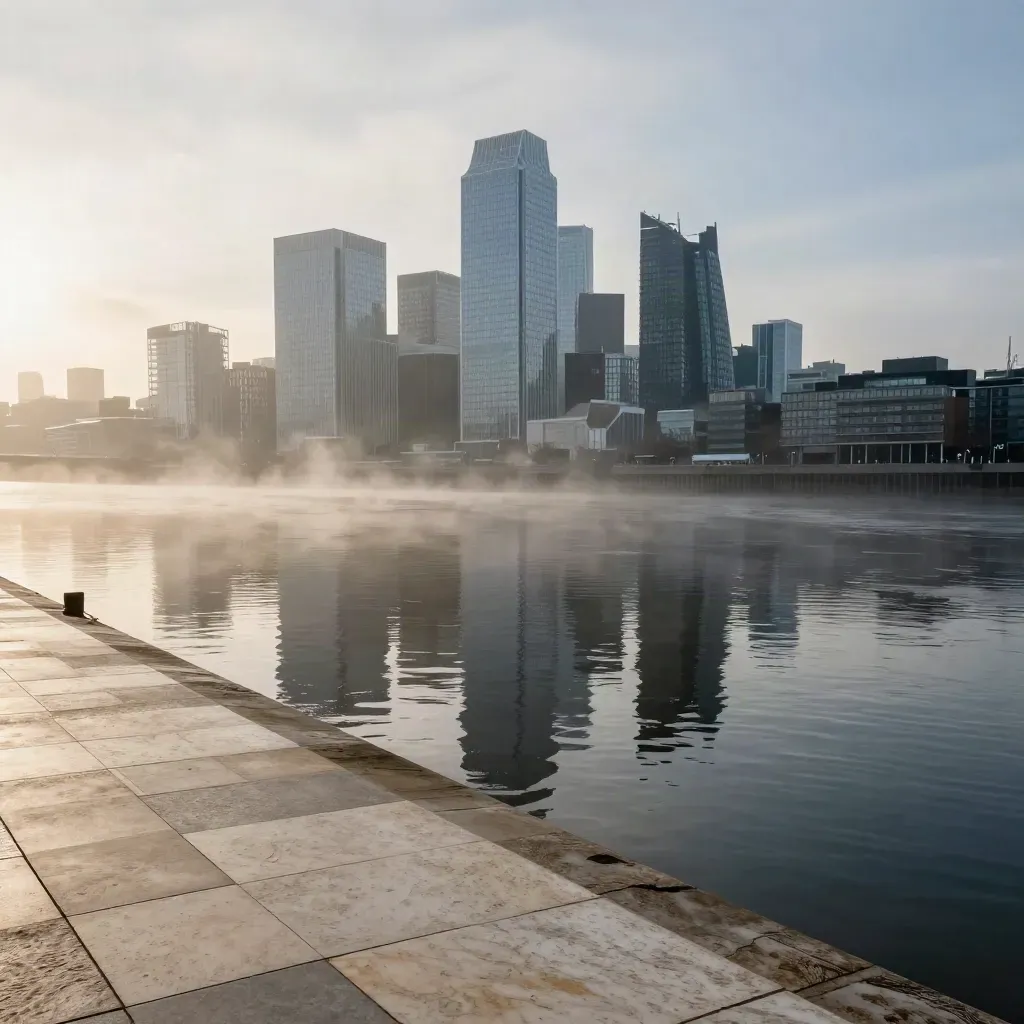 Canary Wharf skyline mirrored in the Thames at sunrise, with calm misty water below.