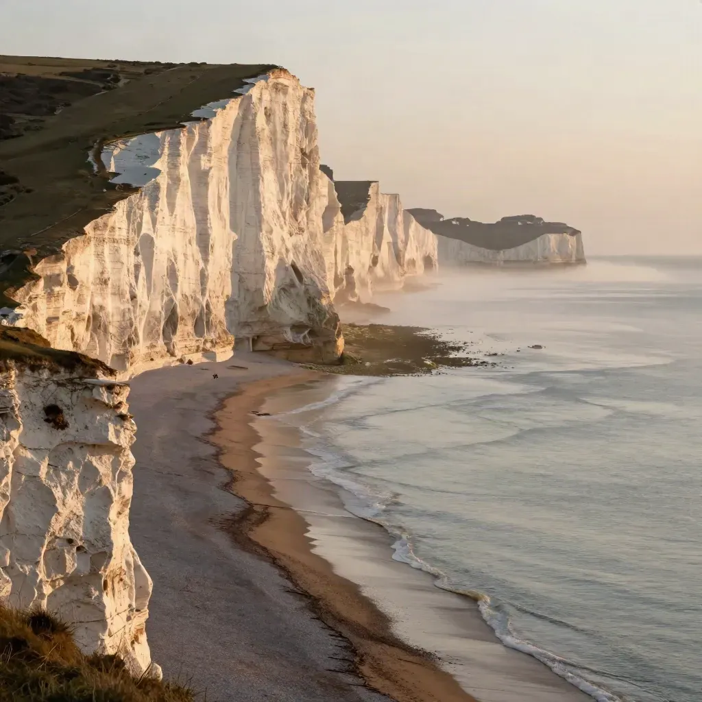 Golden chalk cliffs above a misty pale beach and calm sea at sunrise