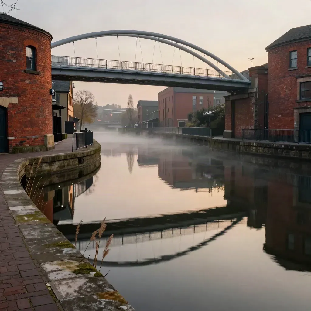 Birmingham canal basin at blue hour, red brick warehouses and a slim bridge over still water