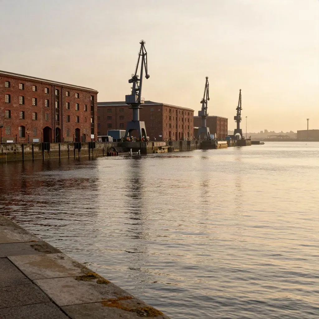 Liverpool docks at golden hour with warehouses, cranes and calm Mersey water.